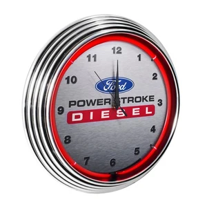 Ford Power Stroke Diesel Garage Wall Clock Chrome Trim w/ Red Neon Light - Bild 1 von 4