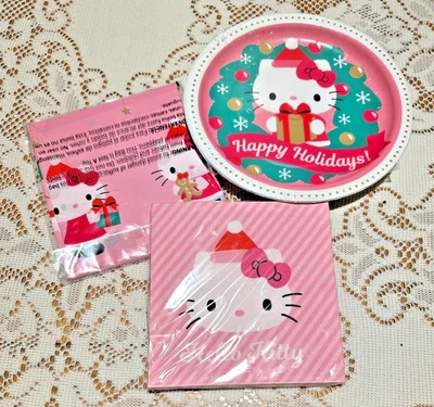 PINK Hello Kitty HAPPY HOLIDAYS! CHRISTMAS Tableware: Plates  Napkins Tablecloth - Image 1 of 2