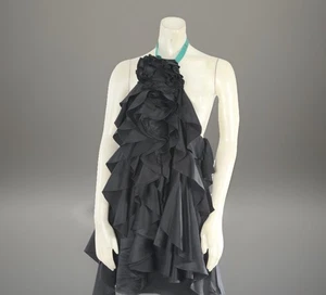 SAINT LAURENT Minikleid schwarz Seide Rüschen Rose Neckholder Lederkragen Gr. 36 - Bild 1 von 15