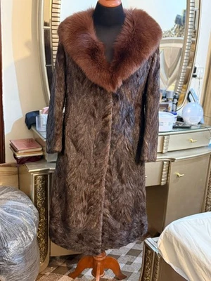 Vintage Genuine Mink Fur Coat with brown Fox Shal Collar  Full Length – 45” Ches - Image 1 of 4