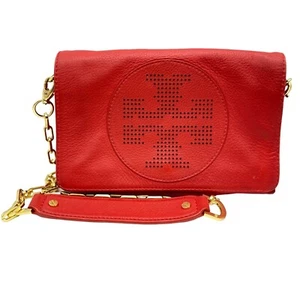 Tory Burch Kipp perforated Logo convertible clutch crossbody purse red pebbled - Picture 1 of 21