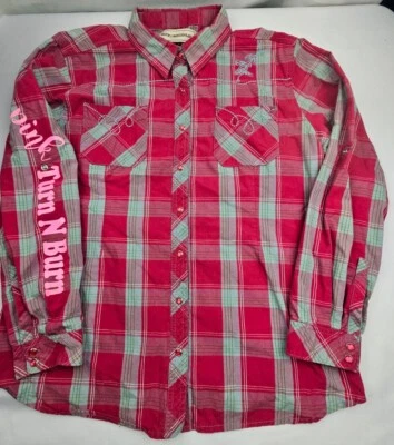 Camisa Bit & Bridle Mujer Talla XL Rosa Cuadros Perla Broches Bordados Manga Larga Foto 1 de 4