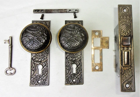 Antique Set EASTLAKE VICTORIAN AESTHETIC Backplates Door Knob Mortise Lock w Key Cover