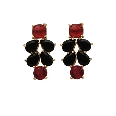 Dainty Pink fuchsia & Black Onyx Gemstone Earrings Pair, Handmade Prong Set - Image 1 of 3