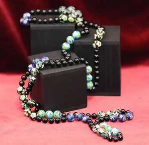Vintage Hand Knotted Floral Cloisonné & Black Onyx Bead 62" Opera Necklace 220g - Picture 1 of 6