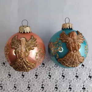 2 Vintage West Germany Angel Applied Round Ornaments Peach Blue READ - Picture 1 of 11