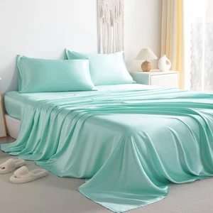 4 Pcs Lustrous Satin Silk Sheet Set Deep Pocket Bed Sheet Wrinkle Fade Resistant - Picture 1 of 101