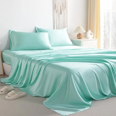 4 Pcs Lustrous Satin Silk Sheet Set Deep Pocket Bed Sheet Wrinkle Fade Resistant - Image 1 of 4
