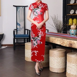 Chinese Print Women Cheongsam Traditional Long Dress Slim Split Standing Collar - Picture 1 of 24