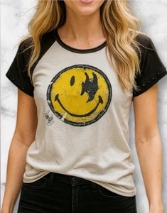 Religion Beaded Distressed Cut Out Smiley Face Graphic Tee Goth Punk Size 2 - Picture 1 of 9