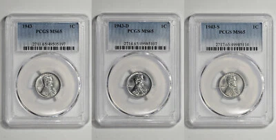 1943 P D S 1c Lincoln Steel Wheat Cent PCGS MS 65 Three Coin Lot - Image 1 of 4