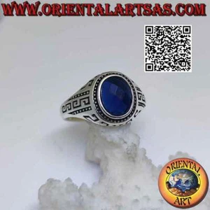 Anello in argento 925 ‰ zaffiro di sintesi ovale cabochon e greche incise sui - Foto 1 di 7