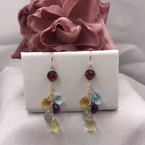 14K Gold Multi Gemstone Earrings Dangle Briolette Aquamarine Citrine Topaz - Picture 1 of 11