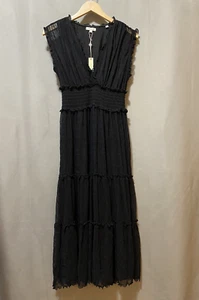 NWT Max Studio Women Cap Sleeve Smocked Waist Mesh Tiered Midi Dress SZ M Black - Picture 1 of 13