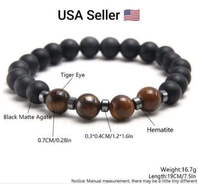 Charm Natural Stone Bracelet Tiger Eye Hematite Black Matte Beaded Bracelets 7mm - Image 1 of 4