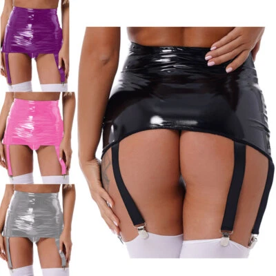 Damen Strumpfgürtel Wetlook Strumpfhalter Glänzend Strapse 6-Metallclips Dessous - Bild 1 von 2