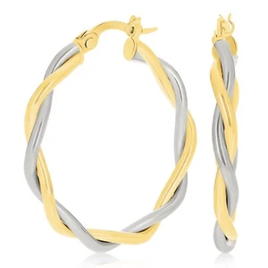 Italian 14k Yellow & White Gold Polished Twisted Medium Hollow Hoop Earrings - Picture 1 of 9