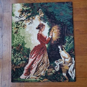 Vtg Handmade NeedlePoint cross stitch Victorian lady dog  26"x20.5" no frame - Picture 1 of 4