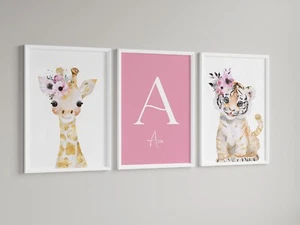Set Of 3 Safari Baby Bedroom Prints Pink, Tiger  Nursery Print,bedroom, Giraffe - Picture 1 of 1