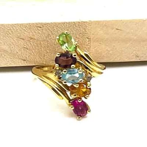 Estate Multi-Color Gemstone Cocktail Bypass Ring 18K Yellow Gold Over Size 5-12 - Picture 1 of 7