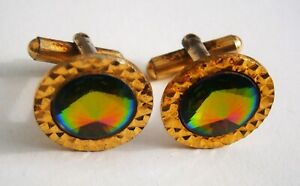 L913) Vintage rainbow Multi coloured cut faceted glass round gold tone cufflinks