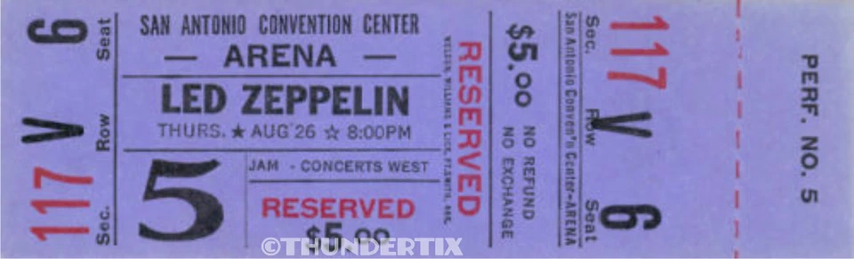 1 LED ZEPPELIN UNUSED FULL CONCERT TICKET 1971 San Antonio, Texas purple reprint - Image 1 of 1