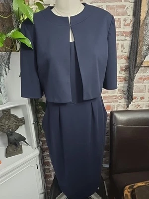 Vestido y chaqueta R&M Richards para mujer talla 14 azul marino mangas 3/4 gancho cierre bolsillos Foto 1 de 4