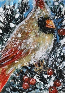 ORIGINAL ACEO BIRD Painting Female Northern CARDINAL Winter Nature Snow ATC ART - Picture 1 of 1