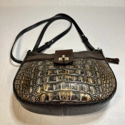 Bolso Bandolera Pequeño Brahmin Metálico Platino/Marrón Cuero Italiano Cocodrilo Foto 1 de 4