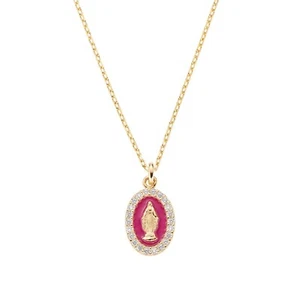 collana ciondolo argento 925 madonna miracolosa amen smalto bordeaux zirconi - Foto 1 di 3