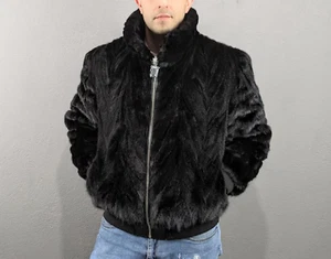 Mink black fur bomber jackets for Men, elastic cuffs and hemline, Real Mink fur. - Picture 1 of 9