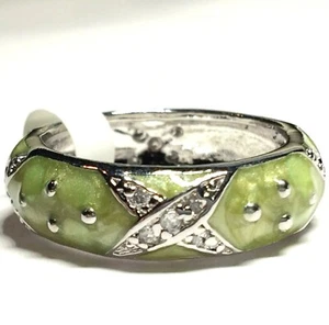 Green Enamel Ring Size 10 Band Chartreuse Stackable Cubic Zirconia Silver Plated - Picture 1 of 12