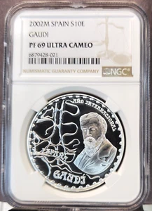 2002 SPAIN SILVER 10 EURO GAUDI GUELL PARK NGC PF 69 ULTRA CAMEO SCARCE TOP POP - Picture 1 of 3