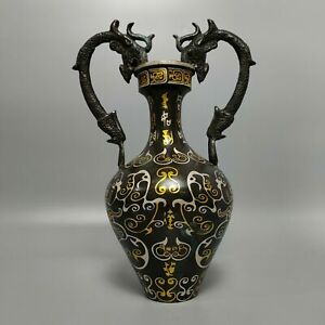 12.4'' Chinese Bronze Vase Bottle inlay gold silver Dragon Bronze Vase