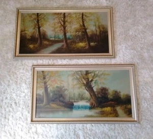 SET OF 2 Art Paintings Oil Framed Original OOAK Signed Landscape Waterfall Trees - Picture 1 of 14