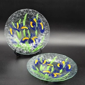 Set Of 2 Iris Signed Fused Art Glass Plates 8.5” Purple Flowers - Picture 1 of 8