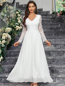 Vestido Blanco Largo Para Mujer de Novia Boda Quinces Damas de Honor de Encaje - Picture 1 of 9