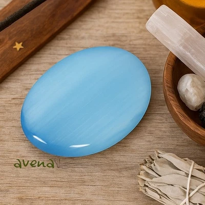 Cats Eye Turquoise Palm Stone Healing Gemstone Polished Crystal 7cm Palmstone. - Image 1 of 3