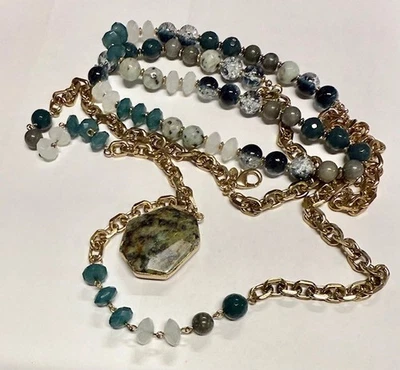 Chico's Green Jasper, Spotted Jasper, Quartz, and Glass Bead Gold Tone Necklace - Image 1 of 4