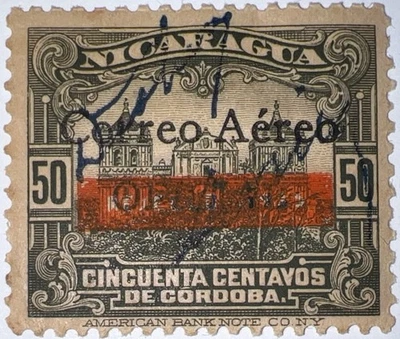Travelstamps: 1936 Nicaragua “Correo Aero” Red Bar OP, 50c, Mint , Og, Nh - Image 1 of 4