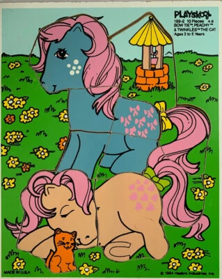 孩之宝 复古 My Little Pony 1984 Playskool 木制拼图 领结 桃花 & 闪烁 — 第 1/4 张图片