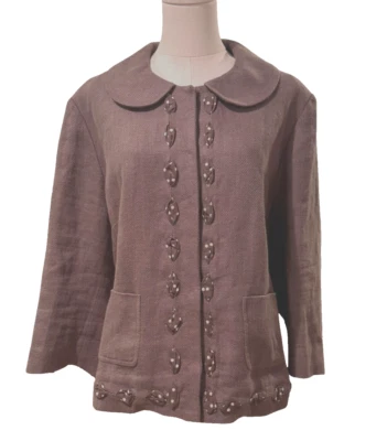 Boden Gray Linen Textured Snap Front Blazer Peter Pan Collar & Ribbon US 18 - Image 1 of 4