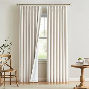 Natural Pinch Pleated Full Blackout Curtains Linen Blended Room Darkening Window - Picture 1 of 12