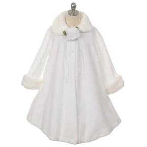 WHITE Size 10 Coat Jacket Fleece Faux Fur Trim A-Line Flower Girl Outerwear - Picture 1 of 3