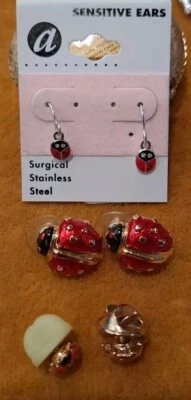 Enamel Ladybug Jewelry Lot Ladybug Pierced Earrings Lapel Pin Lot - Image 1 of 4