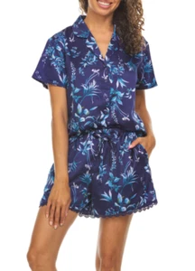 Flora Satin Notch Collar 2 Piece PJ Set Women Size Large Blue Short Sleeve NEW - Picture 1 of 8