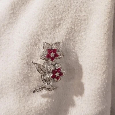 10.32 TCW Pear Ruby & Round Sapphire Two Blooms Design 935 Silver Women's Brooch - Image 1 of 4
