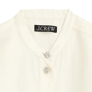 J Crew Bluse 12 Creme Strass Schmuck Knopfleiste Feminin Cupro Mandarin - Bild 1 von 11