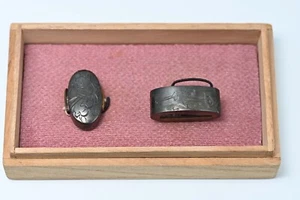 Fuchi Kashira Japanese antique by Muneoki 宗興 hooray design made of Shibuichi - Picture 1 of 11