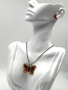 Jewellery Set Pendant and Earrings Real Baltic Amber Butterfly Leather Tie Strap - Picture 1 of 10